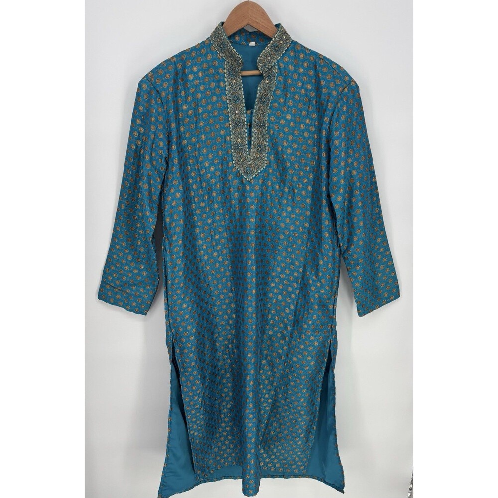 Teal Gold Brocade Kurta Tunic Size 38 Embroidered Beaded Indian Formal